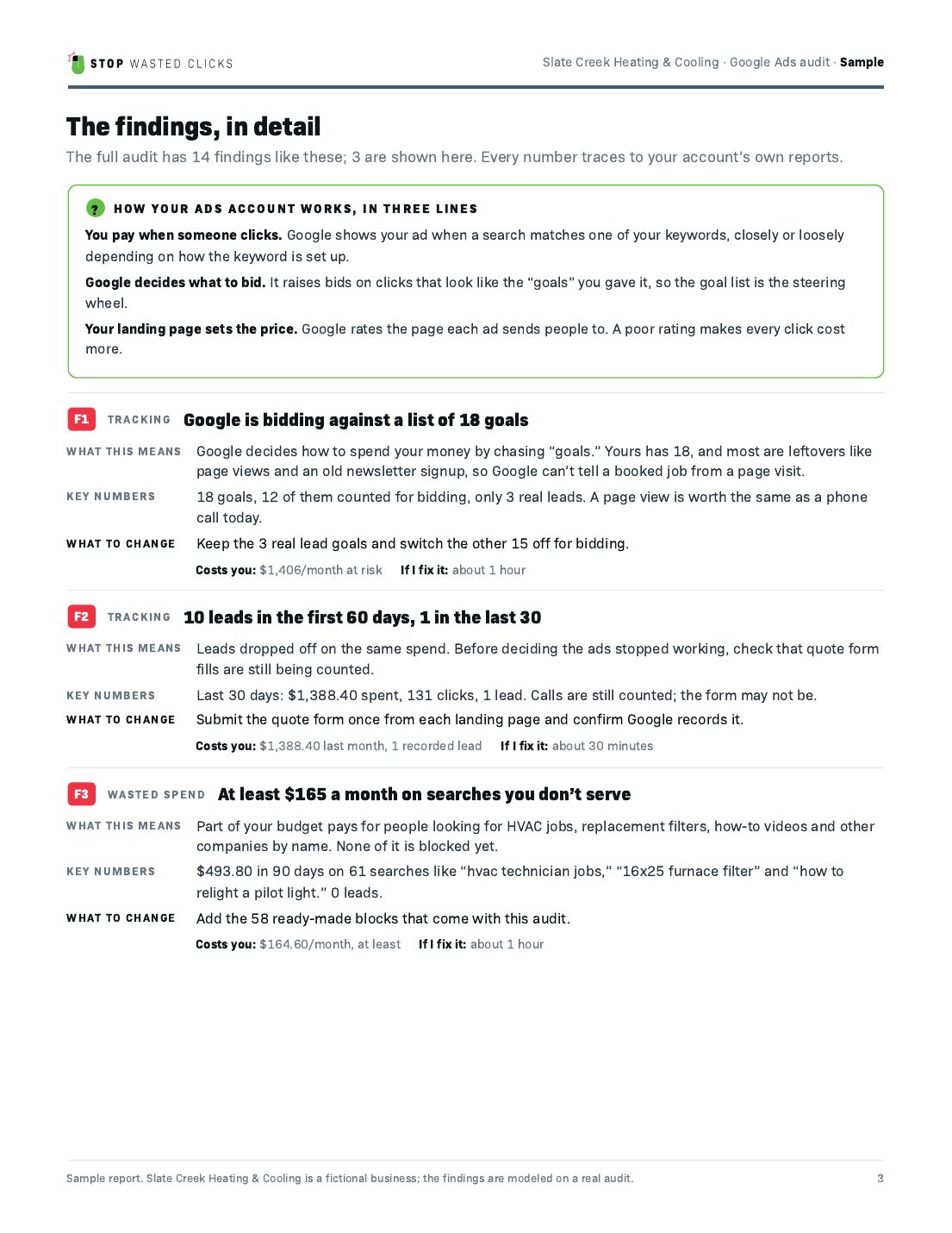 Sample audit page 3: findings in detail with an explainer box