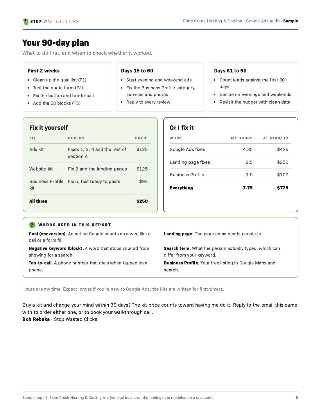 Sample audit page 5: 90-day plan, kits and a quote