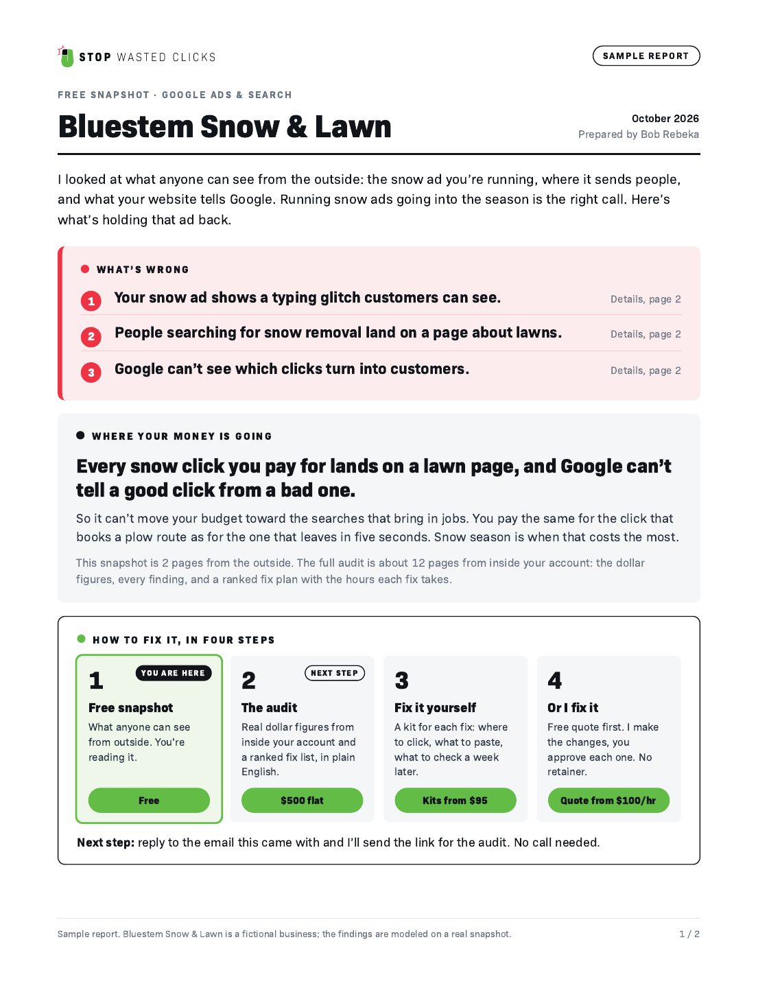 Sample snapshot page 1: what is wrong, where the money is going, and four steps to fix it