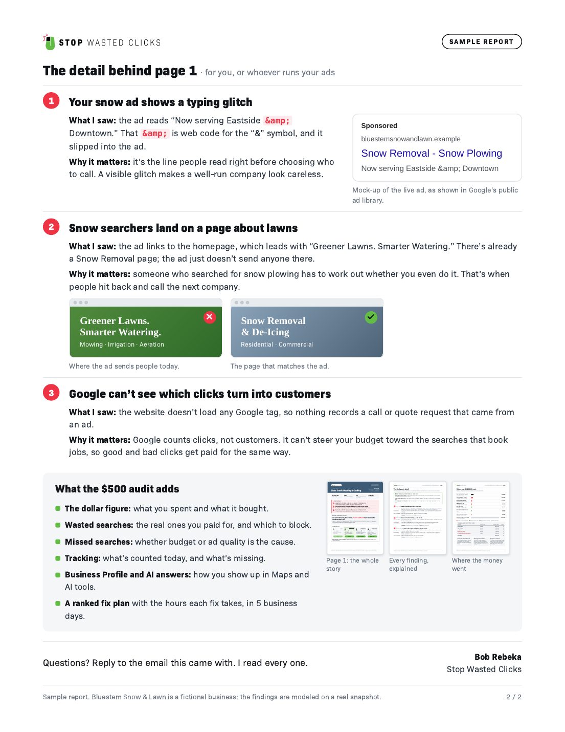 Sample snapshot page 2: the three findings in detail and what the audit adds